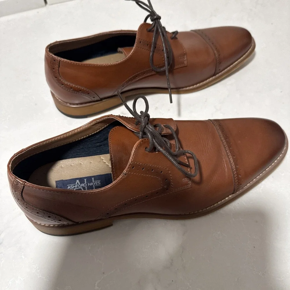 Ashford & Hays Mens Brown Leather Cap Toe Oxford Dress Shoes Size 10